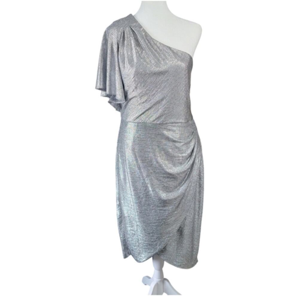 Melonie T Dress Womens 12 Silver Metallic One Shoulder Ruched Cocktail Party